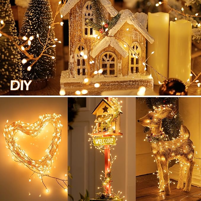 2Pcs Fairy Lights Plug in, 10Ft 200LED Copper Wire Firecracker Firefly Lights Waterproof Cluster String Lights for Ceiling Bedroom Wreath Window Wedding Christmas Tree Decor, Warm White (No Remote)