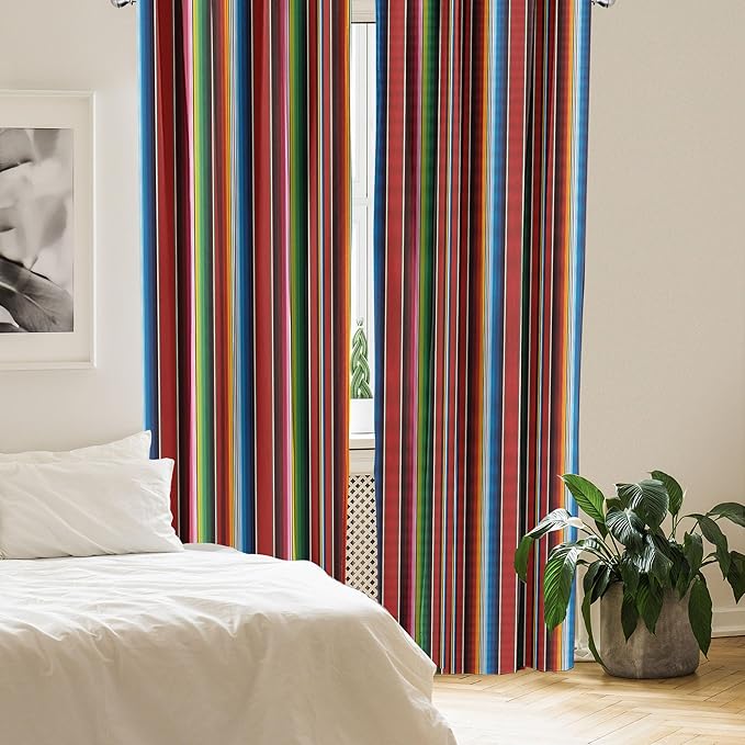 Ambesonne Cinco de Mayo Curtains, Mexican Serape Colorful Stripes Vertical Lines Latino Illustration, Window Treatments 2 Panel Set for Living Room Bedroom Decor, Pair of - 28" x 95", Burgundy Blue