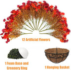 Artificial Hanging Flowers Plants Basket for Outdoors Fall Decorations, 12 Pcs UV Resistant Faux Morning Glory Fake Petunias with Hanging Planter for Home Porch Balcony Decor (Orange Red)