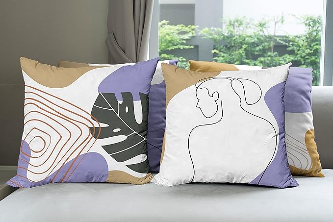 Ambesonne Minimal Throw Pillow Cushion Case Pack of 4, Modern Line Art Woman Portrait with Contemporary Leafy Geometric Details, Modern Accent Double-Sided Digital Printing, 16", Tan Amber Lavender