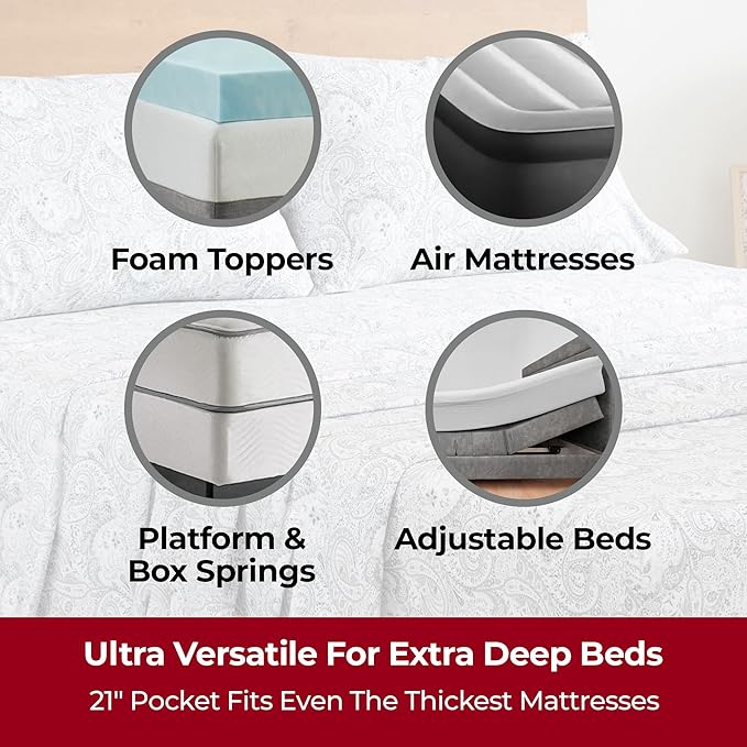 Mellanni Extra Deep Queen Sheets - 4 PC Iconic Collection Bedding - Hotel Luxury, Ultra Soft, Cooling Bed Sheets - Wrinkle, Fade, Stain Resistant (Queen, Paisley Gray)
