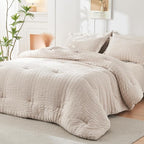 HYMOKEGE Beige California King Comforter Set Seersucker 7 Pieces, All Season Luxury Bed in a Bag for Bedroom, Bedding Set with Comforters, Sheets, Pillowcases & Shams
