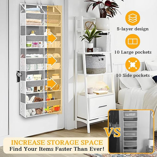 2 Pack Over The Door Organizer 5 Tiers, Extra Large Behind Door Storage of 10 Compartments, 80 lbs Weight Capacity Over Door Organizer, Door Hanging Organizer for Closet, Diaper Organizer, Light Gray