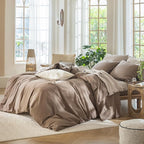 MooMee Bedding Duvet Cover Set 100% Washed Cotton Linen Like Textured Breathable Durable Soft Comfy (Solid Brown, Queen 90"x90")