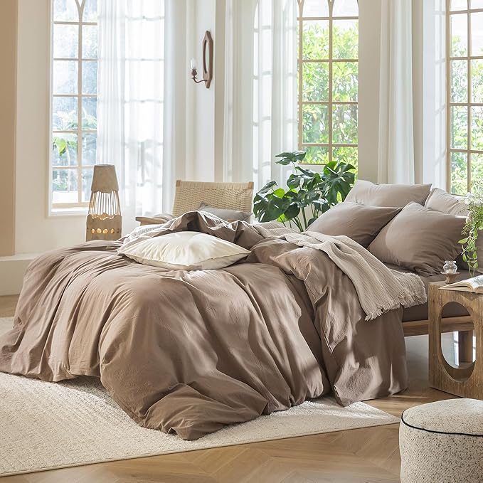 MooMee Bedding Duvet Cover Set 100% Washed Cotton Linen Like Textured Breathable Durable Soft Comfy (Solid Brown, Oversized King Plus 128"x120")