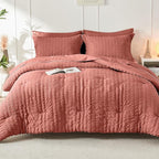 HYMOKEGE Coral Twin Comforter Set Seersucker 5 Pieces, All Season Luxury Bed in a Bag for Bedroom, Bedding Set with Comforter, Sheets, Pillowcase & Sham