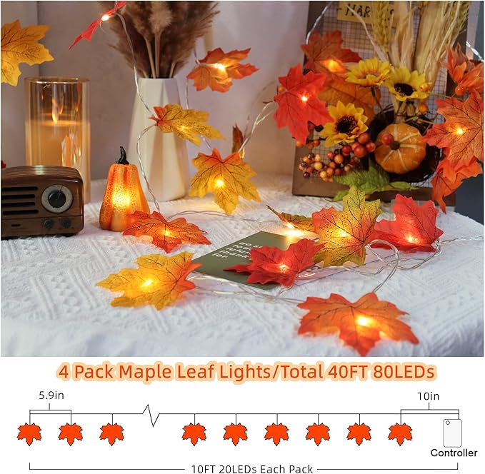 4 Pack Thanksgiving Decorations Maple Leaf Pumpkin Lights, Total 40Ft 80 LED Battery Operated 3D Pumpkin Fall Leaves Garland String Lights for Home Mantel Table Porch Door Indoor Outdoor Fall Decor