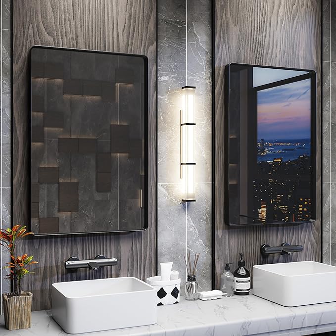 ISKM Black Metal Framed Bathroom Mirror for Wall 40" x 32" Black Bathroom Vanity Mirror, Rounded Rectangle Mirror, Anti-Rust (Horizontal/Vertical)