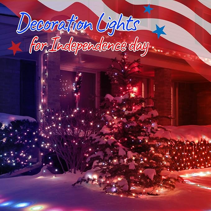 4th of July Decoration Patriotic Mini String Lights - 200 Count 50 Feet Red White Blue Christmas Lights Green Wire Waterproof for Indoor Outdoor Xmas Holiday Party Patio Independence Day Decoration