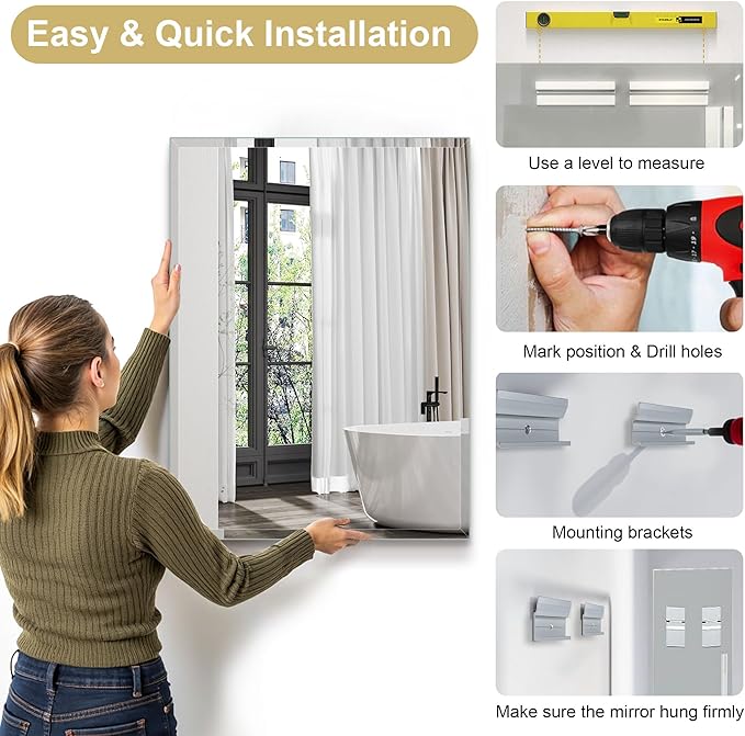 30"x36" Frameless Rectangle Wall Mirror with 1 inch Beveled Edge for Bathroom Vanity