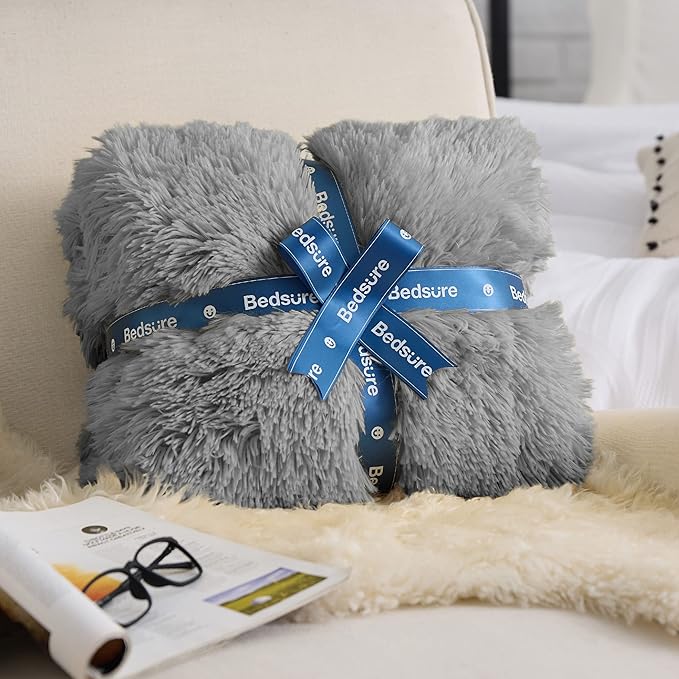 Bedsure GentleSoft Fluffy Grey King Size Blanket for Bed, Thick Soft Sherpa Faux Fur Fleece Bedding Fuzzy Plush Winter Warm Heavy Big Large King Blanket, Cozy Grey Gifts for Men Women, 108x90