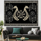 OSUNBD Nordic Vikings Tapestry, Small 4030 inches Soft Flannel, Vegvsir Symbol Twins Dragons Celtic Rune Scandinavian Aesthetic Mythology Tapestry Wall Hanging for Bedroom Living Room Decor