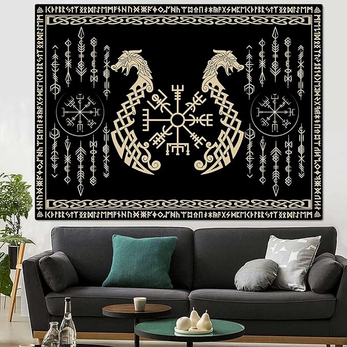 OSUNBD Nordic Vikings Tapestry, Small 4030 inches Soft Flannel, Vegvsir Symbol Twins Dragons Celtic Rune Scandinavian Aesthetic Mythology Tapestry Wall Hanging for Bedroom Living Room Decor
