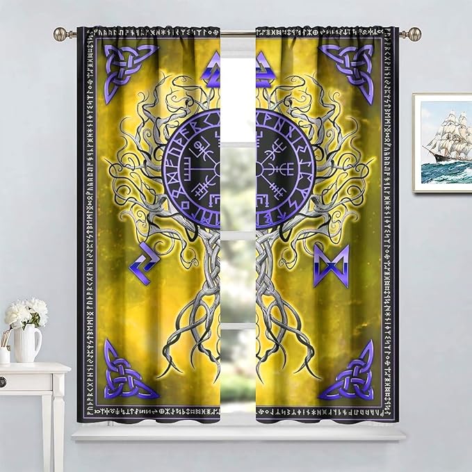 Viking Blackout Curtains Scandinavian Pirate Totem Mythology Golden Tree of Life Printed Curtain Bedroom and Living Room Decoration Blackout Curtains W84 * L84 Inch