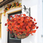 Artificial Hanging Flowers Plants Basket for Outdoors Fall Decorations, 12 Pcs UV Resistant Faux Morning Glory Fake Petunias with Hanging Planter for Home Porch Balcony Decor (Orange Red)