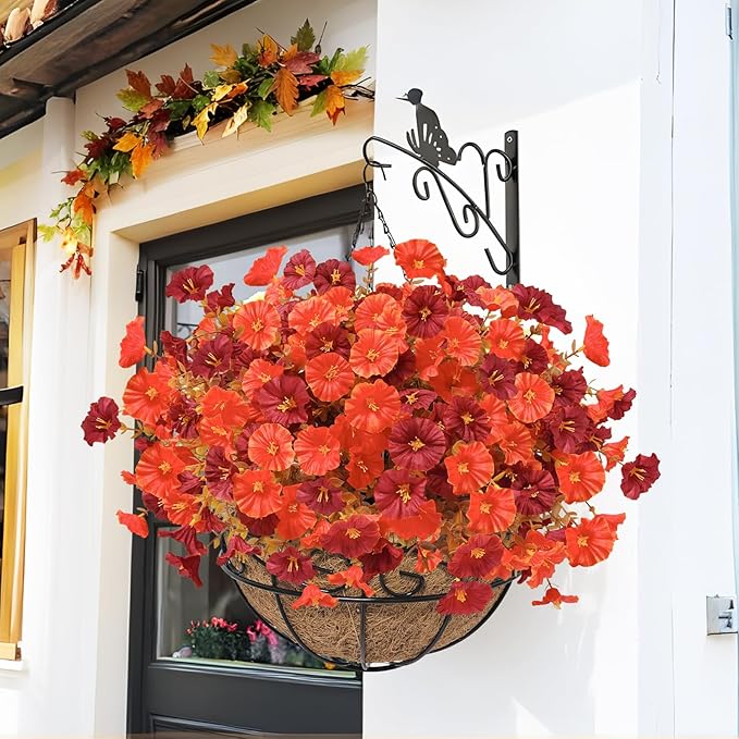 Artificial Hanging Flowers Plants Basket for Outdoors Fall Decorations, 12 Pcs UV Resistant Faux Morning Glory Fake Petunias with Hanging Planter for Home Porch Balcony Decor (Orange Red)