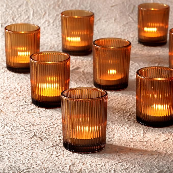 Homemory 24 Pcs Glass Votive Candle Holders, Amber Tealight Candle Holder, Vintage Candle Holders Bulk for Table Centerpieces, Christmas, Baby Shower, Birthday, Wedding, Party