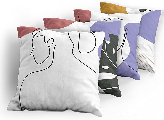 Ambesonne Minimal Throw Pillow Cushion Case Pack of 4, Modern Line Art Woman Portrait Contemporary Leafy Geometric Details, Modern Accent Double-Sided Digital Printing, 24", Lavender Amber Pale Rust
