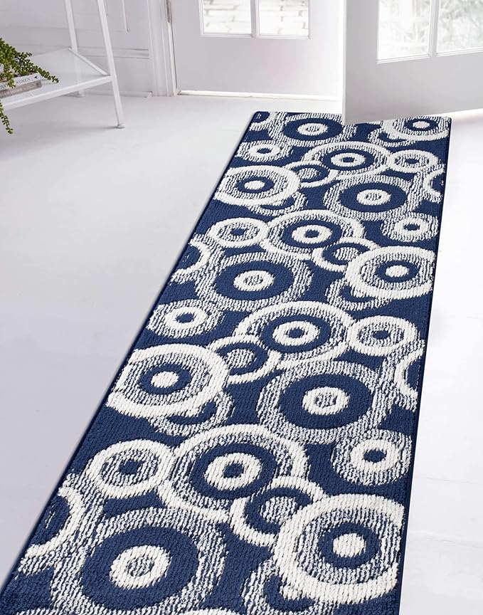 Custom Length Cut to Size Retro Modern Coastal Carpet Runner Rug for Hallways, Non Slip Rubber Backed, 31 inch Wide X Customized Length, Geo Blue, 31 inch X 6 feet