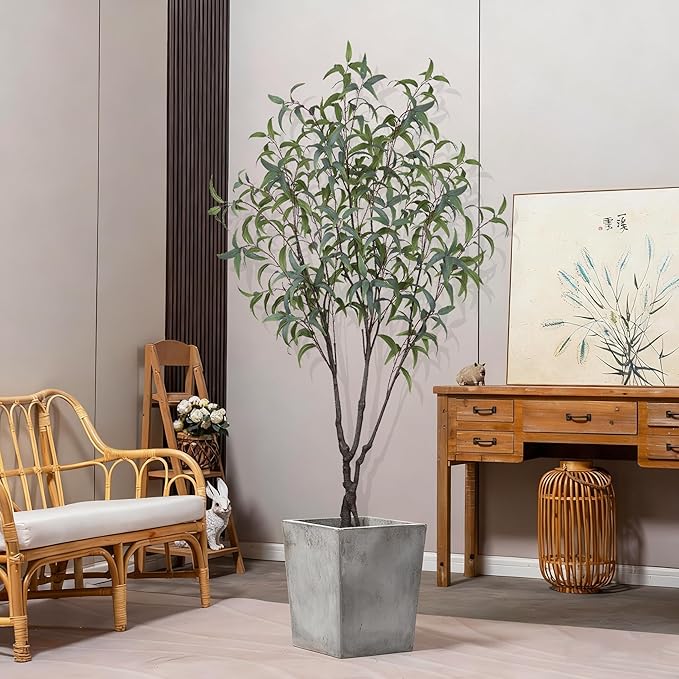 Artificial Eucalyptus Tree 7ft(84in) Faux Floor Potted Tree for Indoor Decor Large Realistic Trees Plants with Silk Leaves and Natural Wood Trunk for Home Living Room,Office Foyer Decor.