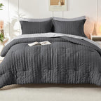 HYMOKEGE Dark Grey/Light Grey Twin XL Comforter Set Seersucker 5 Pieces, All Season Luxury Bed in a Bag for Bedroom, Bedding Set with Comforter, Sheets, Pillowcase & Sham
