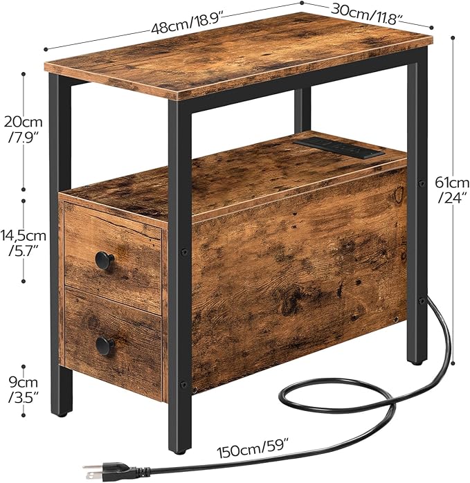 HOOBRO End Table with Charging Station, Narrow Side Table with 2 Drawer & USB Ports & Power Outlets, Nightstand for Small Spaces, for Living Room, Bedroom, Rustic Brown and Black BF541BZ01