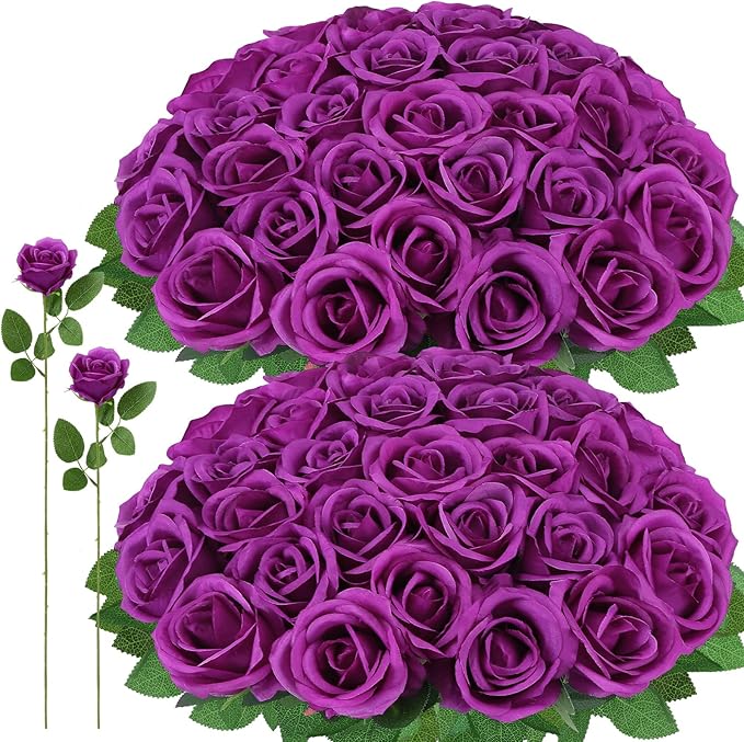 72 Pcs Artificial Roses Purple Fake Silk Roses Realistic Roses Faux Flower Indoor Wedding Home Decor, Birthday Decorations