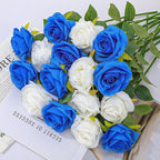 32 Pcs Blue, White Artificial Flowers Roses Fake, Silk Flowers with Stems for DIY Wedding Gothic Bridal Shower Centerpieces Arrangements Tables Decorations