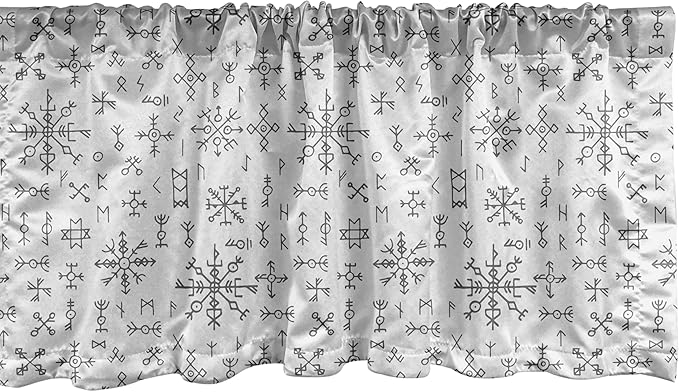 Ambesonne Nordic Window Valance, Viking Runes and Talismans Scandinavian Symbols with The Futhark Alphabet, Curtain Valance for Kitchen Bedroom Decor with Rod Pocket, 54" X 12", Dark Grey and White