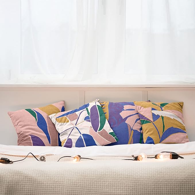 Ambesonne Exotic Throw Pillow Cushion Case Pack of 4, Tropical Themed Leaves Branches Monstera Plant Summer Vibes Pastel, Modern Accent Double-Sided Digital Printing, 16", Peach Blue Violet Mustard