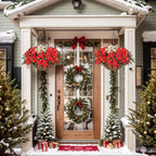 Florielle Artificial Fake Christmas Hanging Flowers Plants Basket with LED Lights, Faux Poinsettia, Pine Branches, for Outdoor New Year Xmas Decoration, Porch Home Holiday Decor (Green)