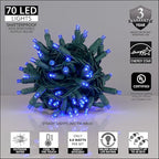 5mm LED Wide Angle Blue Prelamped Light Set, Green Wire - 70 5mm Blue LED Christmas Lights, 4" Spacing