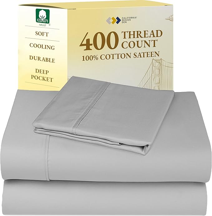 California Design Den Natural 100% Cotton Sheets, Twin Sheets Set, 400 Thread Count Sateen Bedding for Dorm Rooms & Adults, Deep Pockets, Cool & Durable - Light Grey