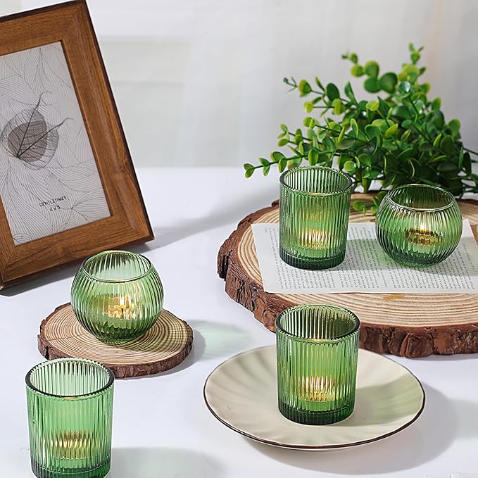 30pcs Assorted Ribbed Green Votive Candle Holders, Green Candle Holders for Wedding Centerpiece, Tea Light Candle Holder for Dinner Table Centerpiece, Home and Party Decorations