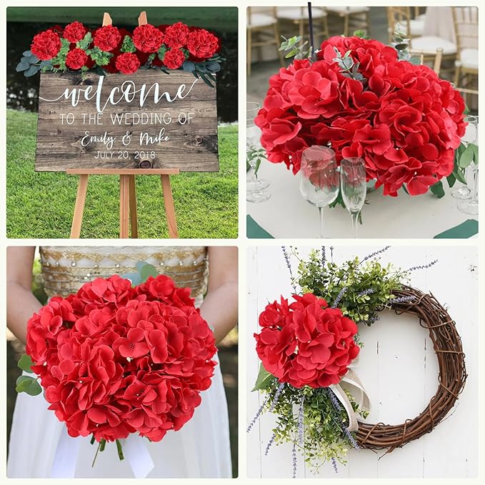 AVIVIHO 65pcs Fake Flowers Red Hydrangea Artificial Flowers Bulk (Not Squished, No Steaming Need) Fake Hydrangeas Silk Flowers with Stems for Party Home,Indoor or Outdoor, DIY Florals Decorations