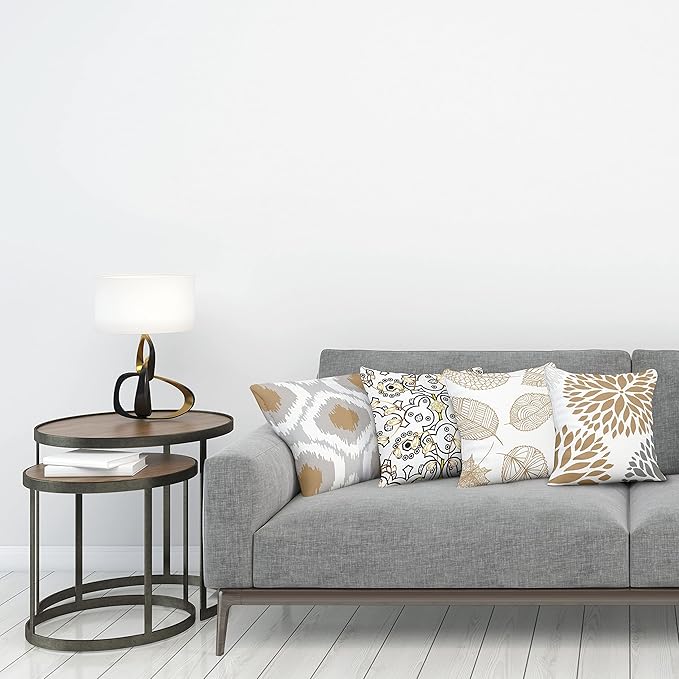 Ambesonne Vintage Throw Pillow Cushion Case Pack of 4, Bohemian Ornamental Leaves Dahlia Pattern Geometric Art Curlicue, Modern Accent Double-Sided Digital Printing, 18", Pale Brown Grey White