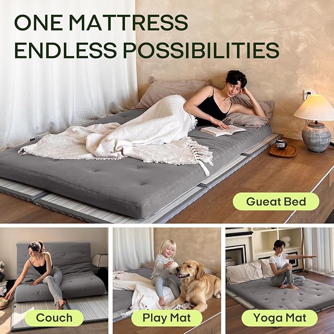 ZonLi Japanese Floor Futon Mattress Full Size 75"x 54", 100% Cotton Cover 2.5'' Thicken Tatami Mattress, Foldable Sleeping Pad, Portable Dormitory Tatami Mat (Grey)