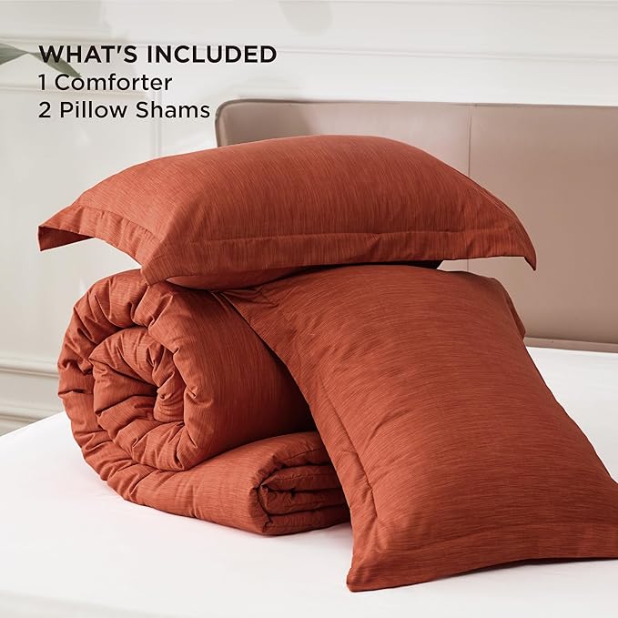 Bedsure Queen Comforter Set - Burnt Orange Soft Bedding for All Seasons, Cationic Dyed Bed Set, 3 Pieces, 1 Queen Size Comforter (90"x90") and 2 Pillow Shams (20"x26"+2")