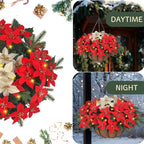 Florielle Artificial Fake Christmas Hanging Flowers Plants Basket with LED Lights, Faux Poinsettia, Pine Branches, for Outdoor New Year Xmas Decoration, Porch Home Holiday Decor (Green)