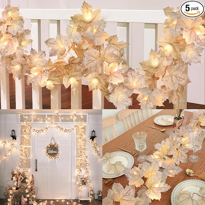 5 Pack Thanksgiving Garland with Lights Maple Leaf String Lights - Total 32.5 Ft Fall Leaf Garland String Lights with 100LED Battery Operated Decor for Fireplace Thanksgiving Table Decorations Indoor