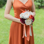 ponatia Burnt Orange Wedding Bouquets for Bride Bridesmaid, Artificial Burgundy Prom Flowers Bouquet for Weddins, Ceremony, Anniversary, 7 Inches