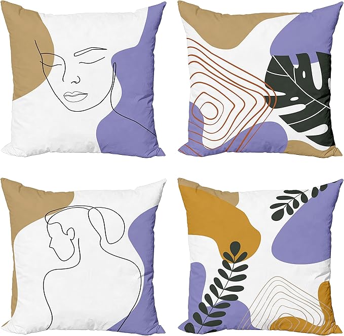 Ambesonne Minimal Throw Pillow Cushion Case Pack of 4, Modern Line Art Woman Portrait with Contemporary Leafy Geometric Details, Modern Accent Double-Sided Digital Printing, 16", Tan Amber Lavender