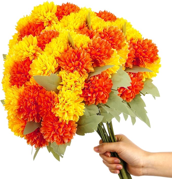 6 Bundles 16.5" Artificial Marigold Flowers 54 Heads Orange & Yellow Dried Silk Fake Marigold Ball Heads Bouquet Realistic Autumn Plants for Day of the Dead Dia De Los Muertos Fall Decoration