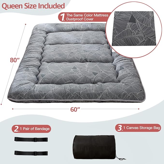 MAXYOYO Black Leaf Printed Japanese Futon Floor Mattress, Thicken Sleeping Pad Floor Bed Roll Up Camping Guest Mattress Folding Couch Bed, Queen Size