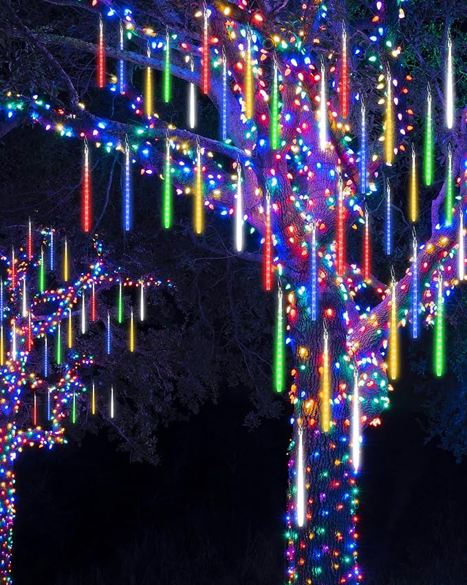 Joomer Christmas Lights Outdoor, 11.8 inch 10 Tubes 240 LED Meteor Shower Lights, LED Snow Falling Icicle Cascading Light with Timer Waterproof and Connectable for Christmas Decoration (Multicolor)