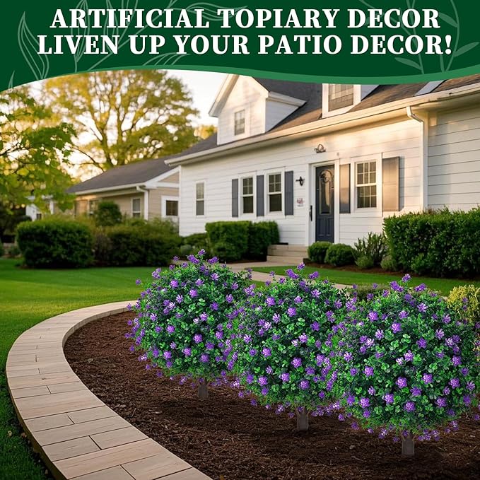 Artificial Purple Flower Boxwood Topiary Ball Trees,2 Set of 16'' UV Resistant Fake Evergreen Shrubs Bushes Plants with Ground Spike, Fake Plants for Outdoor Indoor Front Porch Garden