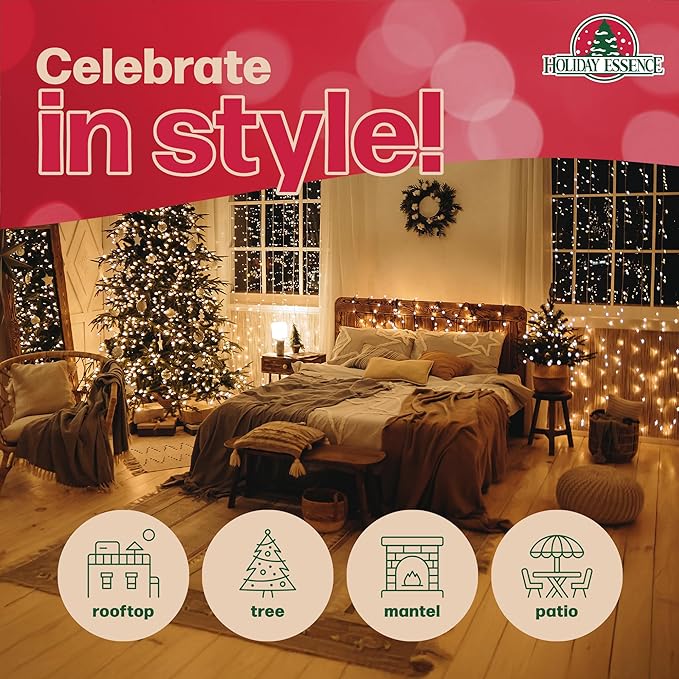 Holiday Essence Clear Warm White Christmas String Lights 20 Ft White Wire 100 Christmas Decorative Lights Set Static and Flashing for Indoor Outdoor Use Tree Decor UL Listed