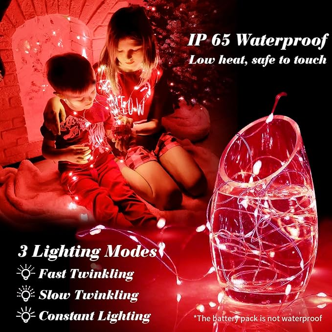 ZGWJ 50 Pack Fairy Lights Battery Operated, 7ft 20 Mini LED Fairy String Lights Silver Wire 3 Modes for DIY, Parties, Wedding, Bedroom, Halloween Christmas Decoration Red