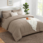 CozyLux Full Size Comforter Sets Khaki, 7 Pieces Bed in a Bag, Khaki Comforter Full Size, All Season Bedding Sets with Stitch Quilted Comforter, Flat Sheet, Fitted Sheet, Pillowcases