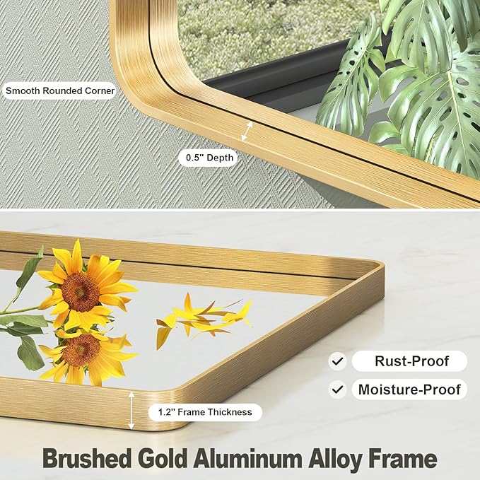 24x36 Inch Gold Framed Bathroom Mirror, Brushed Gold Metal Vanity Mirror, Gold Rectangle Mirror for Wall, Rounded Corner, Tempered Glass, Anti-Rust, Shatterproof (Horizontal/Vertical)